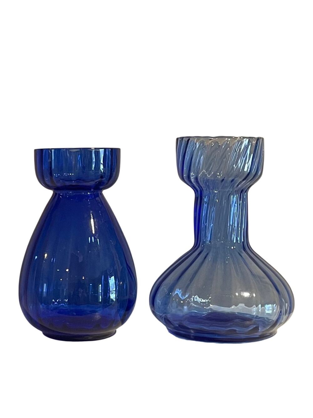 Vintage Cobalt Blue Small Glass Vases Ribbed Swirl Pattern, set of 2